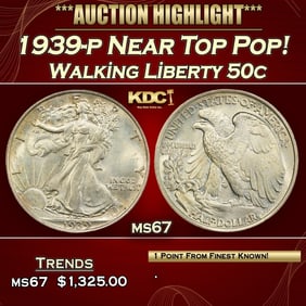 1939-p Walking Liberty Half Dollar Near Top Pop! 50c ms67 SEGS