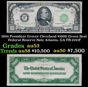 1934 $1000 Green Seal Federal Reserve Note President Grover Cleveland Atlanta, GA Grades Select AU