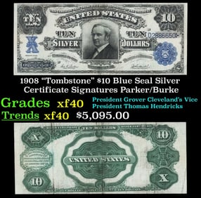 1908 $10 Blue Seal Silver Certificate "Tombstone" Grades xf Signatures Parker/Burke