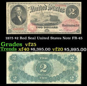1875 $2 Red Seal United States Note Grades vf+ FR-45