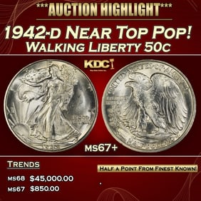 1942-d Walking Liberty Half Dollar Near Top Pop! 50c ms67+ SEGS