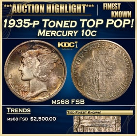 1935-p Mercury Dime Toned TOP POP! 10c ms68 FSB SEGS