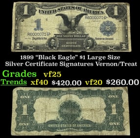 1899 $1 large size Silver Certificate "Black Eagle" Grades vf+ Signatures Vernon/Treat