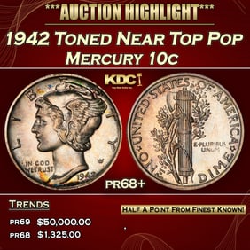 1942 Proof Mercury Dime Toned Near Top Pop 10c pr68+ SEGS