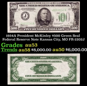 1934A $500 Green Seal Federal Reserve Note President McKinley Kansas City, MO Grades Select AU