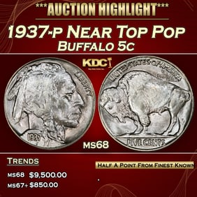 1937-p Buffalo Nickel Near Top Pop 5c ms68 SEGS