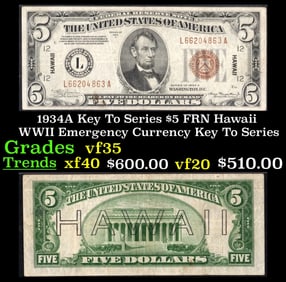 1934A $5 FRN Hawaii WWII Emergency Currency Key To Series Key To Series Grades vf++
