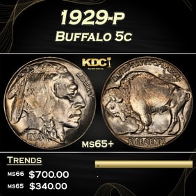 1929-p Buffalo Nickel 5c Grades ms65+