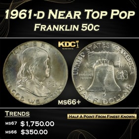 1961-d Franklin Half Dollar Near Top Pop 50c ms66+ SEGS