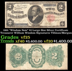 1891 $2 Large Size Silver Certificate "Windom Note" Treasurer William Windom Grades vf+ Signatures