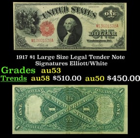 1917 $1 Large Size Legal Tender Note Grades Select AU Signatures Elliott/White