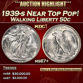 1939-s Walking Liberty Half Dollar Near Top Pop! 50c ms67+ SEGS