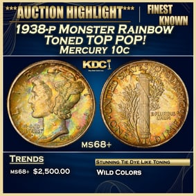 1938-p Mercury Dime Monster Rainbow Toned TOP POP! 10c ms68+ SEGS