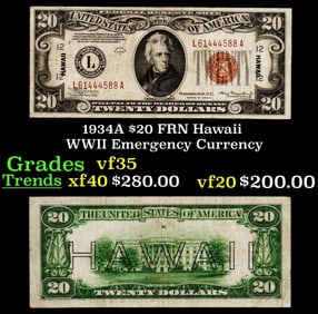 1934A $20 FRN Hawaii WWII Emergency Currency Grades vf++