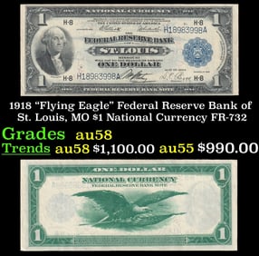 1918 $1 National Currency "Flying Eagle" Federal Reserve Bank of St. Louis, MO Grades Choice AU/BU