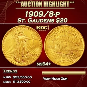 1909/8-p Gold St. Gaudens Double Eagle $20 ms64+ SEGS