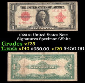 1923 $1 United States Note Grades vf+ Signatures Speelman/White