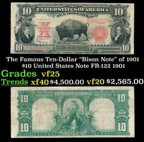 The $10 United States Note Famous Ten-Dollar "Bison Note" of 1901 FR-122 Grades vf+ 1901