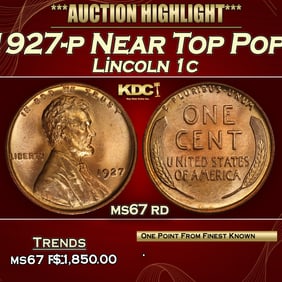 1927-p Lincoln Cent Near Top Pop! 1c ms67 rd SEGS