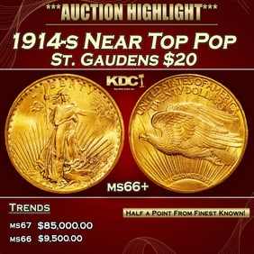 1914-s Gold St. Gaudens Double Eagle Near Top Pop $20 ms66+ SEGS