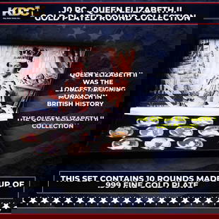 10 Coin Queen Elizabth II Gold Plated Round Collection: 10 Coin Queen Elizabth II Gold Plated Round Collection. 10 Pc. Queen Elizabeth II Gold Plated Round Collection. This set contains 10 rounds made up of .999 Fine Gold Plate from The Queen Elizabeth II