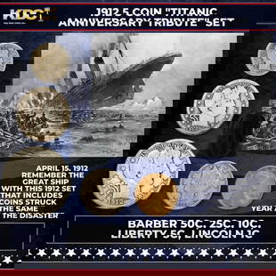 1912 5 Coin "Titanic Anniversary Tribute" Set Barber 50c, 25c, 10c, Liberty 5c, Lincoln 1c: 1912 5 Coin "Titanic Anniversary Tribute" Set Barber 50c, 25c, 10c, Liberty 5c, Lincoln 1c. One of the worst disasters in maritime history occurred on April 15, 1912. The luxury liner struck an iceber