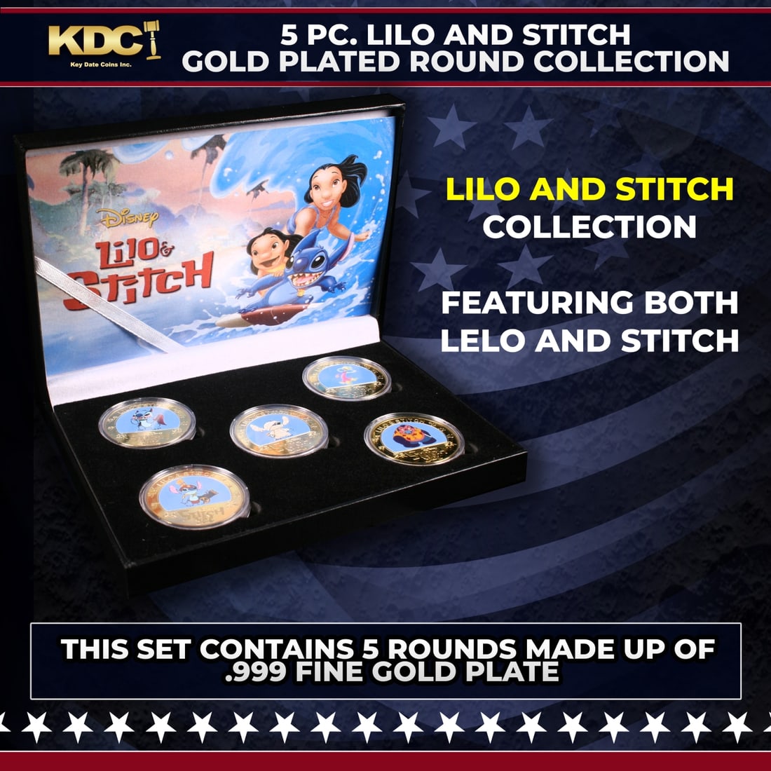 5 Coin Lilo and Stitch Gold Plated Round Collection A: 5 Coin Lilo and Stitch Gold Plated Round Collection A.