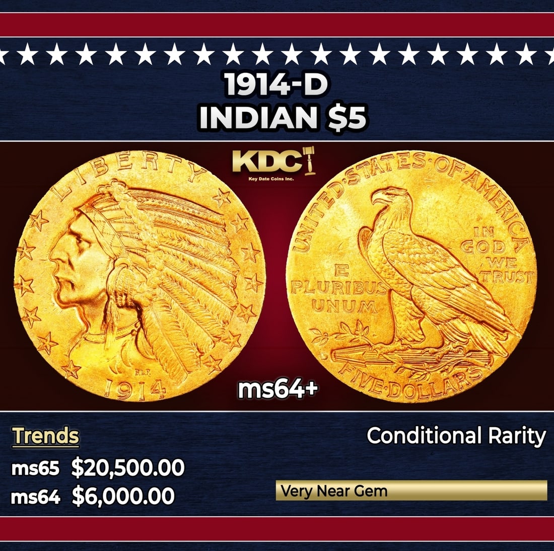 1914-d Gold Indian Half Eagle $5 ms64+ USCG (1 of 3)