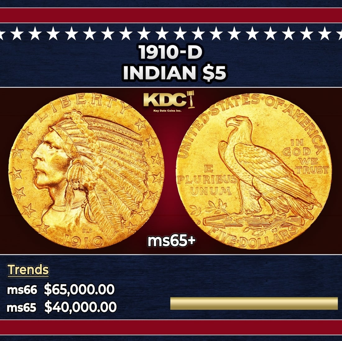 1910-d Gold Indian Half Eagle $5 ms65+ USCG (1 of 3)