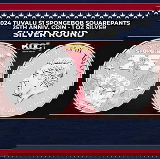2024 Tuvalu $1 Spongebob Squarepants 25th Anniv. Coin - 1 oz Silver Round Round: 2024 Tuvalu $1 Spongebob Squarepants 25th Anniv. Coin - 1 oz Silver Round. This limited mintage silver bullion coin commemorates the 25th anniversary of beloved Nickelodeon character, Spongebob Square