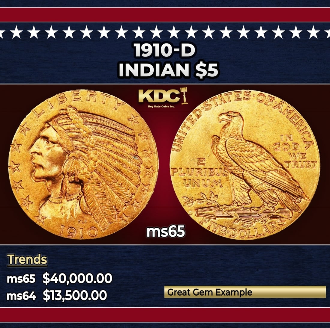 1910-d Gold Indian Half Eagle $5 ms65 USCG (1 of 3)