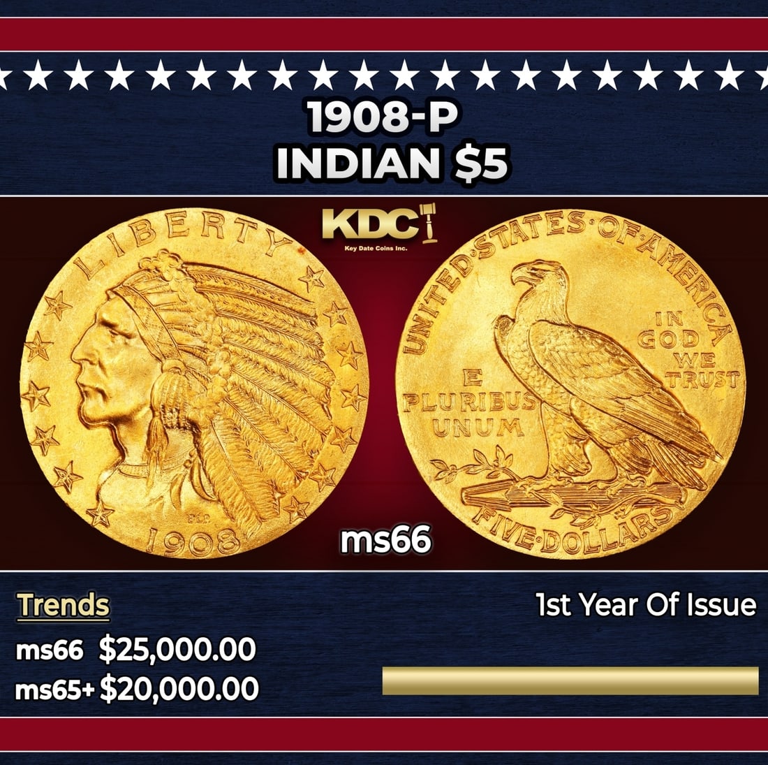 1908-p Gold Indian Half Eagle $5 ms66 USCG (1 of 3)