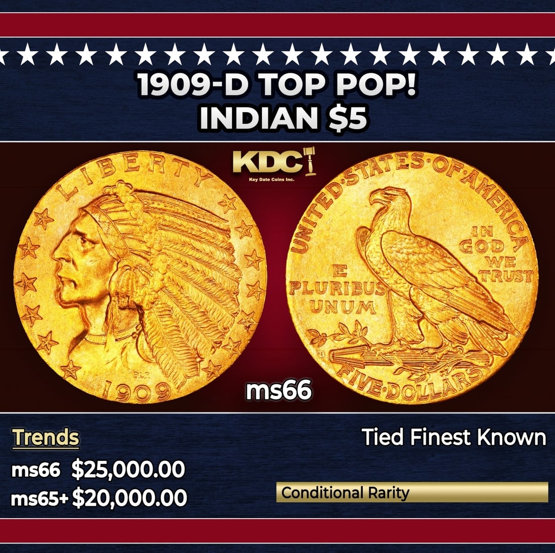1909-d Gold Indian Half Eagle TOP POP! $5 ms66 USCG (1 of 3)