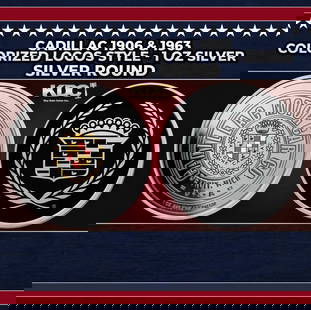 Cadillac 1906 & 1963 Colorized Logos Style - 1 oz Silver Round Round: Cadillac 1906 & 1963 Colorized Logos Style - 1 oz Silver Round. Celebrate the ultimate American luxury car brand with this beautiful 1oz Silver round featuring the original 1906 logo colorized on the