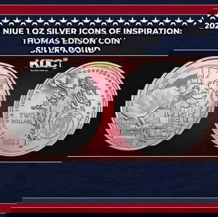 2023 Niue 1 oz Silver Icons of Inspiration: Thomas Edison Coin Round: 2023 Niue 1 oz Silver Icons of Inspiration: Thomas Edison Coin. he next release in the Icons of Inspirations series features a beautiful design celebrating Thomas Edison. Artwork by famed coin designe