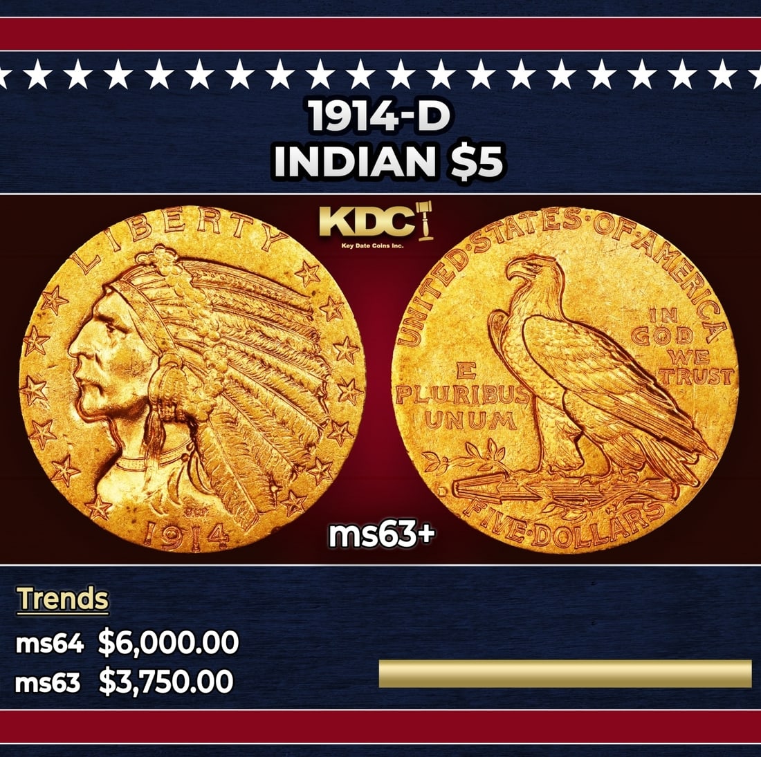 1914-d Gold Indian Half Eagle $5 ms63+ USCG (1 of 3)