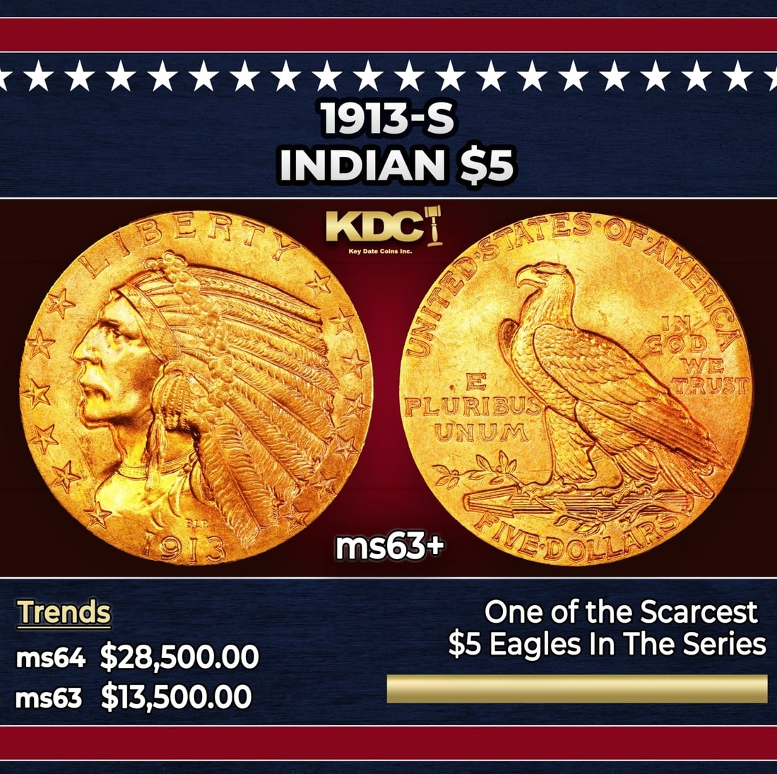 1913-s Gold Indian Half Eagle $5 ms63+ USCG (1 of 3)