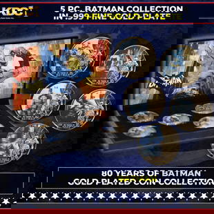 5 Coin Batman Gold Plated Round Collection: 5 Coin Batman Gold Plated Round Collection. 5 Pc. Batman Gold Plated Round Collection. This set contains 5 rounds made up of .999 Fine Gold Plate from The 80 Years of Batman Collection. Each Coin is i