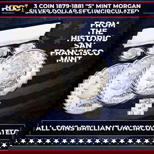 3 Coin 1879-1881 "s" Mint Morgan Silver Dollar Set Uncirculated: 3 Coin 1879-1881 "s" Mint Morgan Silver Dollar Set Uncirculated. Large, handsome and heavy with over 3/4 of an ounce of 90% silver, it's easy to see why Morgan dollars are nicknamed "King of