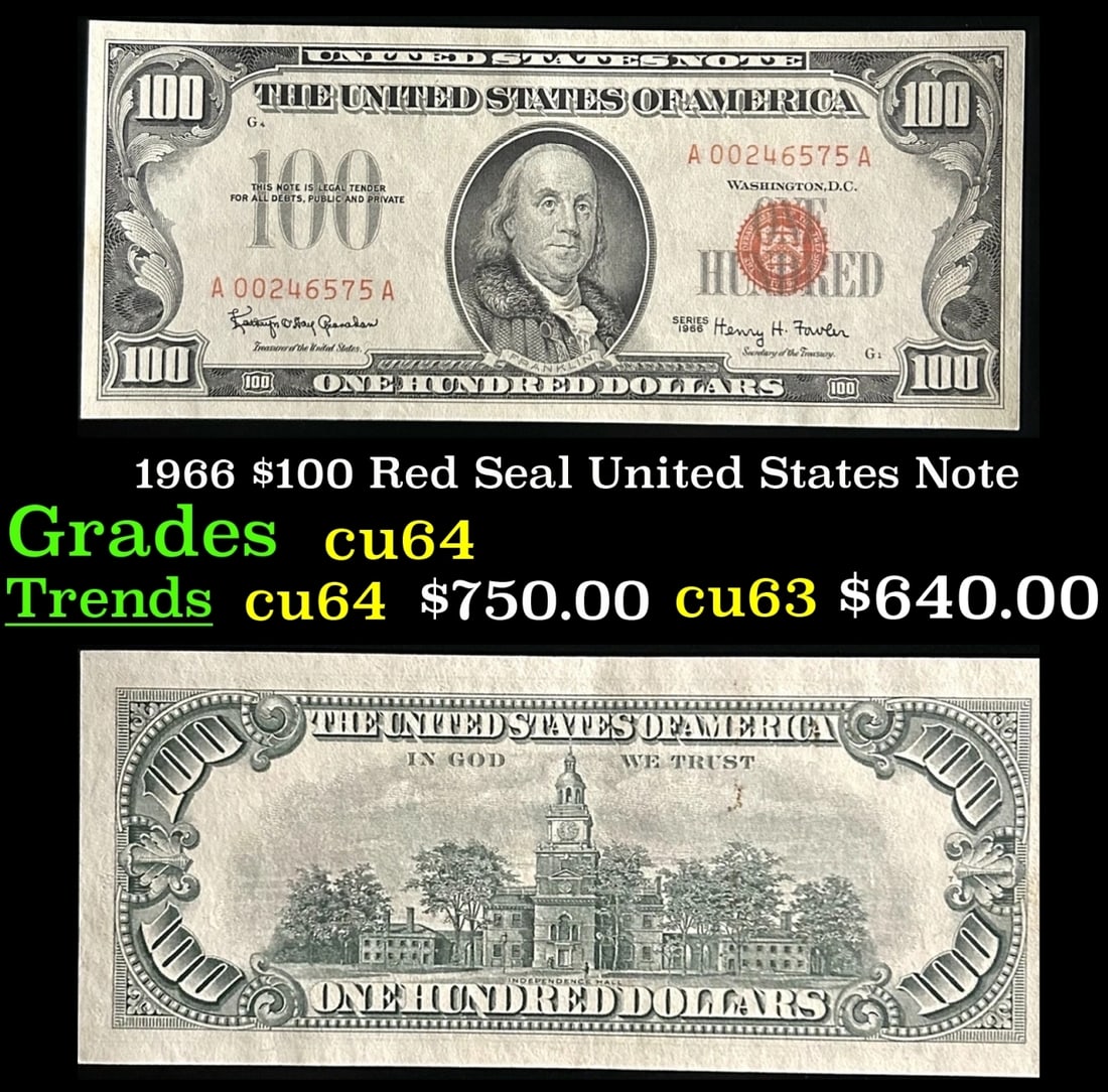 1966 $100 Red Seal United States Note Grades Choice CU (1 of 3)