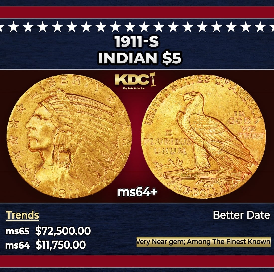 1911-s Gold Indian Half Eagle $5 ms64+ USCG (1 of 3)