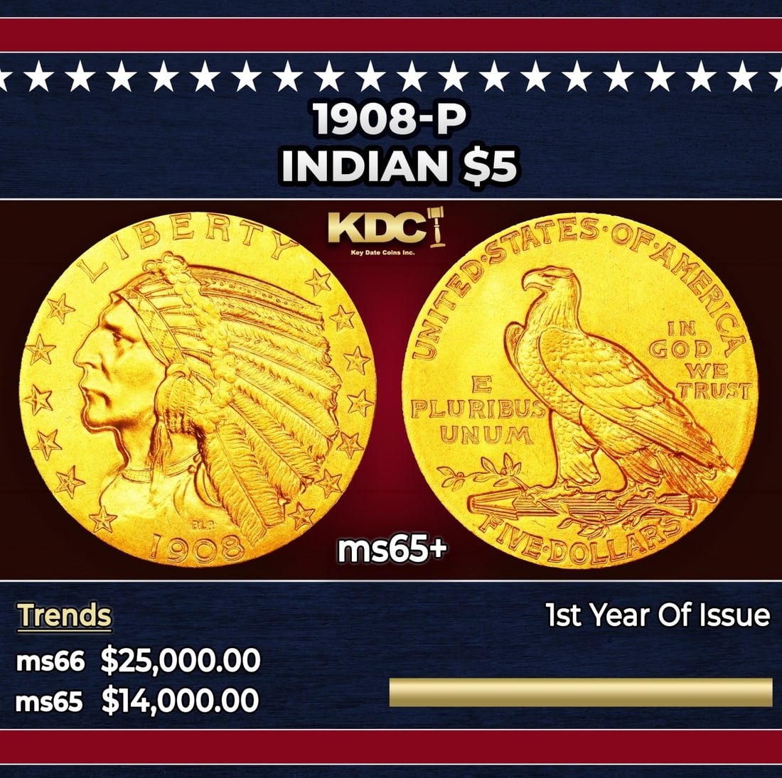1908-p Gold Indian Half Eagle $5 ms65+ USCG (1 of 3)