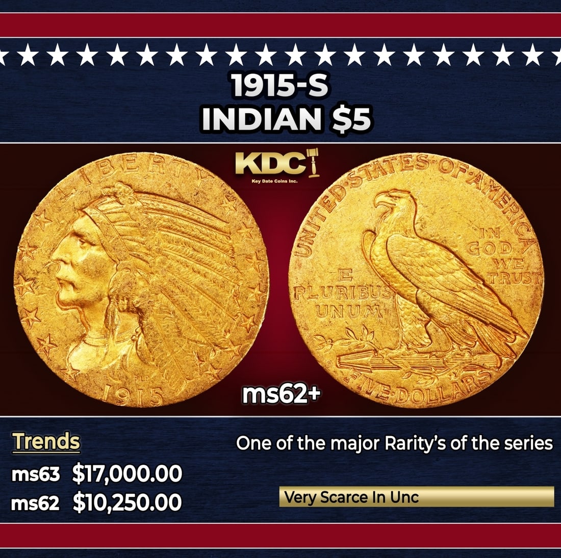 1915-s Gold Indian Half Eagle $5 ms62+ USCG (1 of 3)