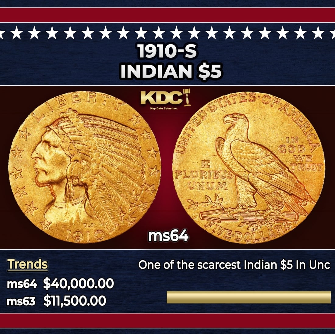 1910-s Gold Indian Half Eagle $5 ms64 USCG (1 of 3)
