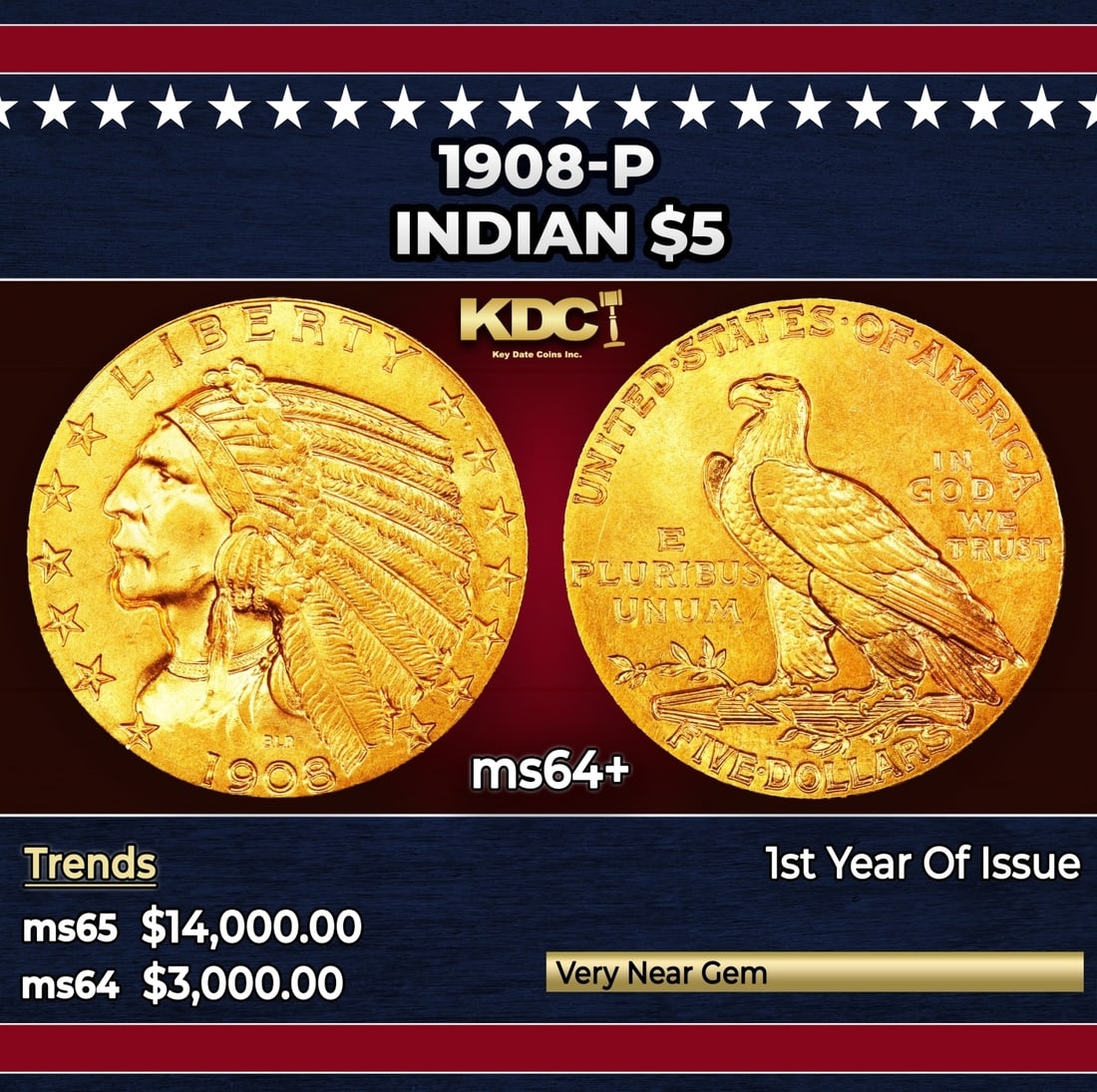 1908-p Gold Indian Half Eagle $5 ms64+ USCG (1 of 3)