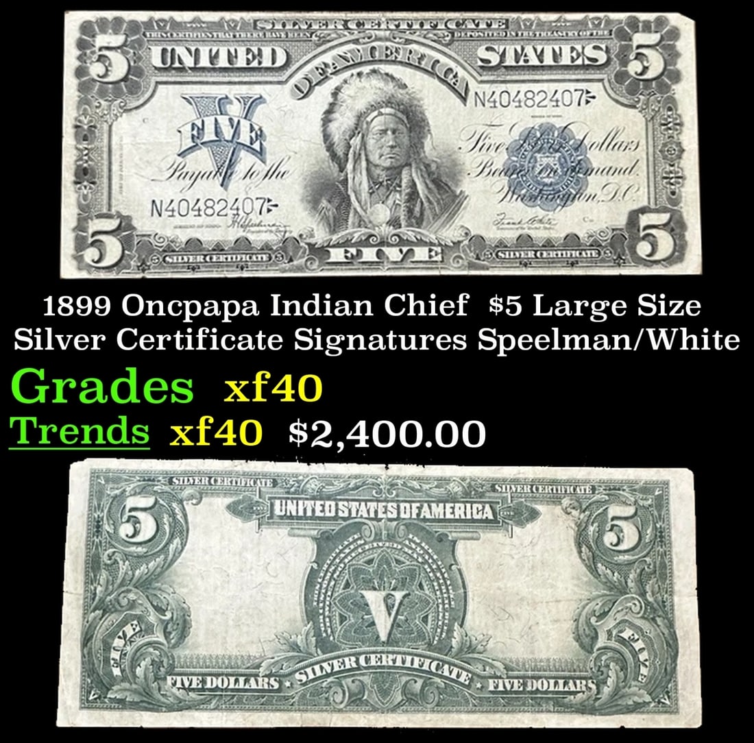 1899 $5 Large Size Silver Certificate Oncpapa Indian Chief  Grades xf Signatures Speelman/White (1 of 3)