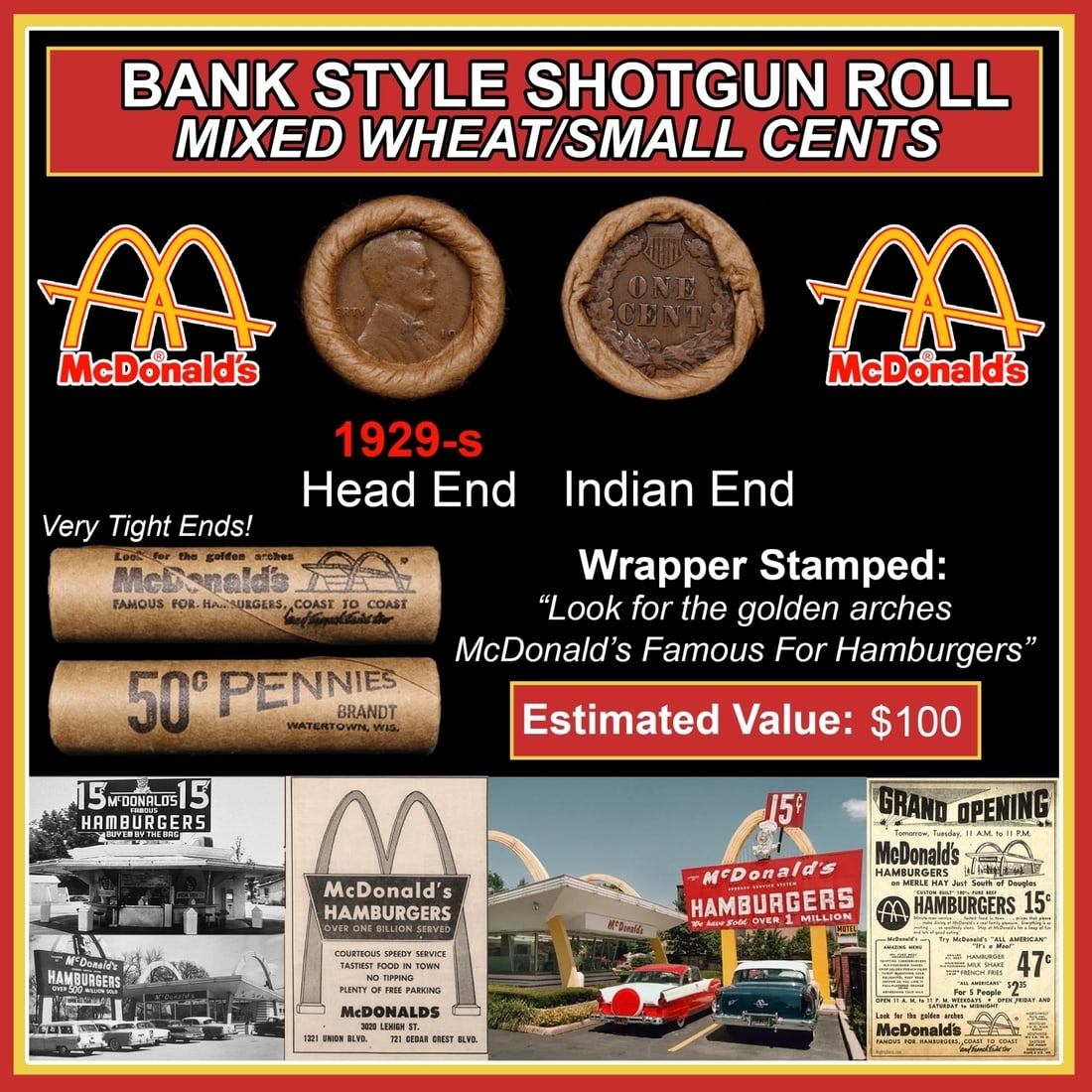 Lincoln Wheat Cent 1c Mixed Roll Orig Brandt McDonalds Wrapper, 1929-s end, Indian other end (1 of 3)