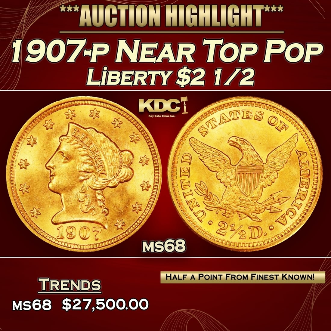 1907-p Gold Liberty Quarter Eagle Near Top Pop $2 1/2 ms68 SEGS: 1907-p Near Top Pop Gold Liberty Quarter Eagle $2 1/2 ms68 SEGS.