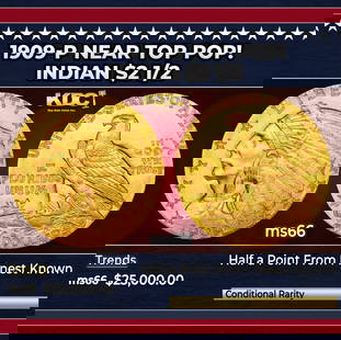 1909-p Gold Indian Quarter Eagle Near Top Pop! $2 1/2 GEM+ Unc USCG: 1909-p Near Top Pop! Gold Indian Quarter Eagle $2 1/2 GEM+ Unc USCG. The sunken relief of Bela Lyon Pratt's Indian quarter eagle design was a first on circulating U.S. coinage. The design lacked a pro