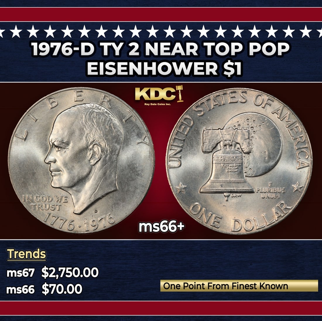 1976-d Ty 2 Eisenhower Dollar Near Top Pop $1 ms66+ SEGS (1 of 3)